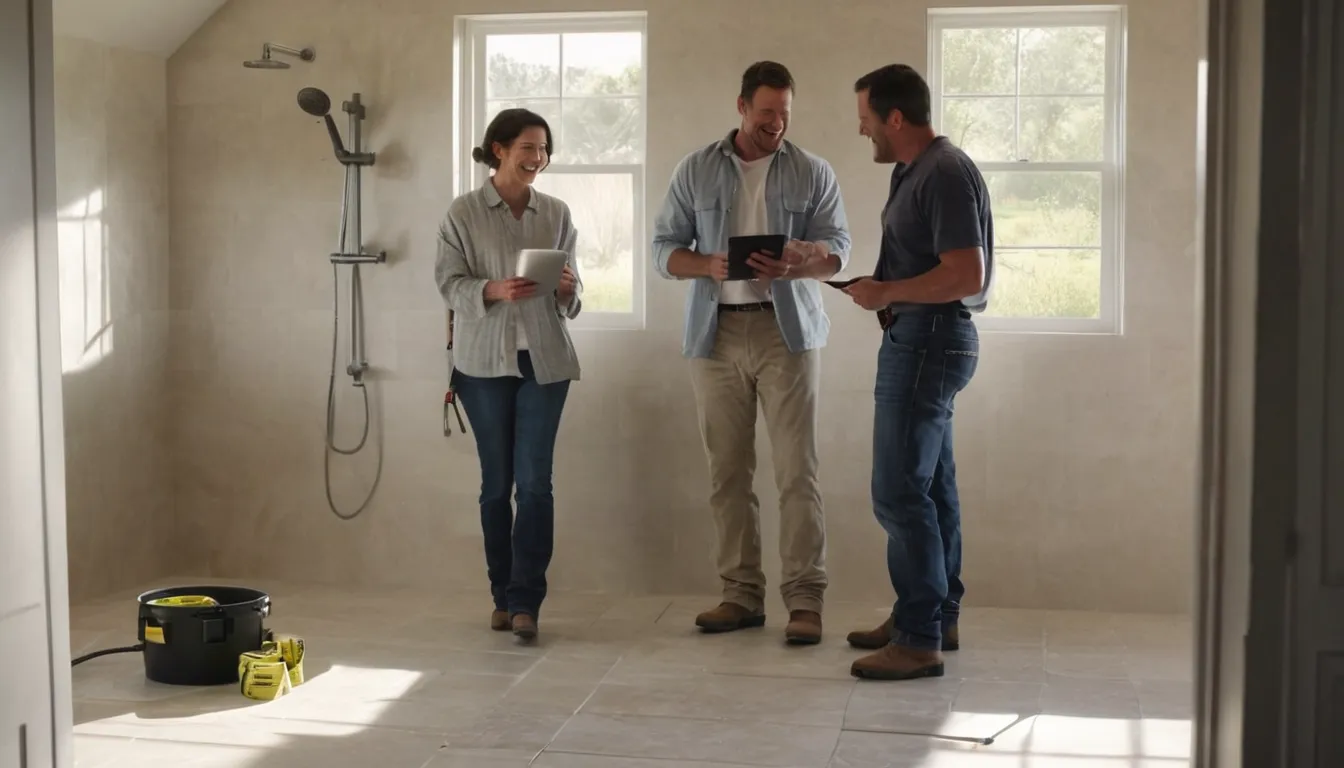 Homeowner and a local provider reviewing plans in a bright half-finished bathroom in Woodside